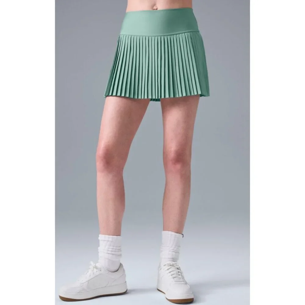 Alo Airlift Grand Slam Tennis Skirt Botanical Green High-Rise Waist Pleats Skort